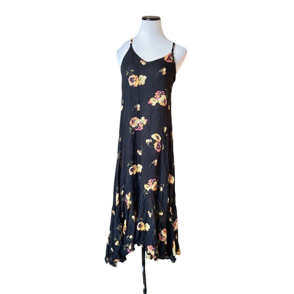 Vintage Y2K Floral Boho Slip Maxi Dress Size M Black Fairy Grunge Whimsygoth 90s